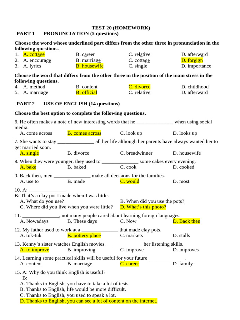 Test 20: English Practice Exercises | PDF | English Language | Linguistics