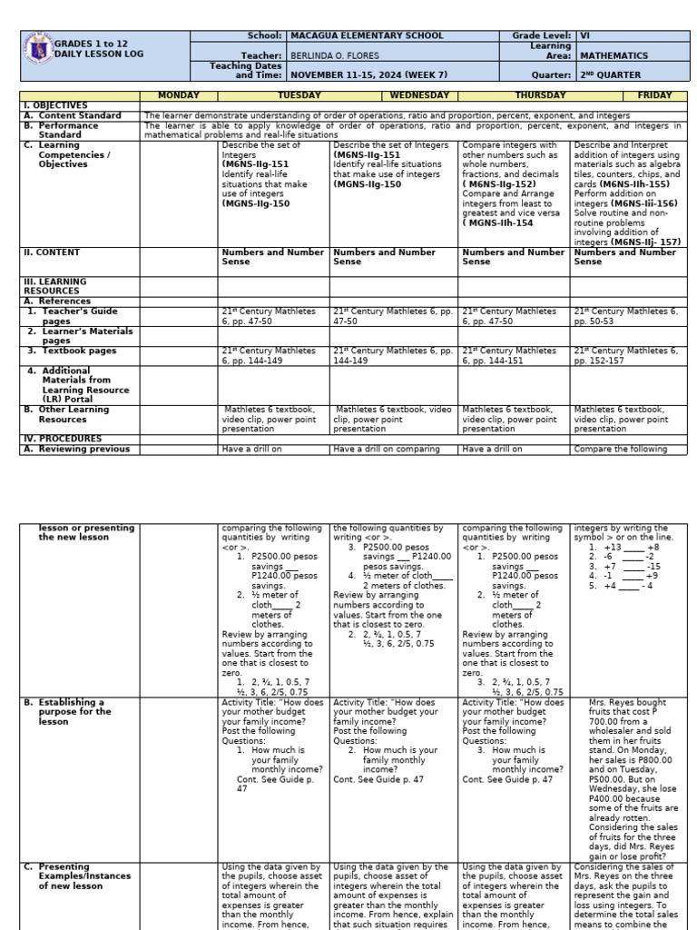 DLL - Mathematics 6 - Q2 - W7 | PDF | Integer | Ratio