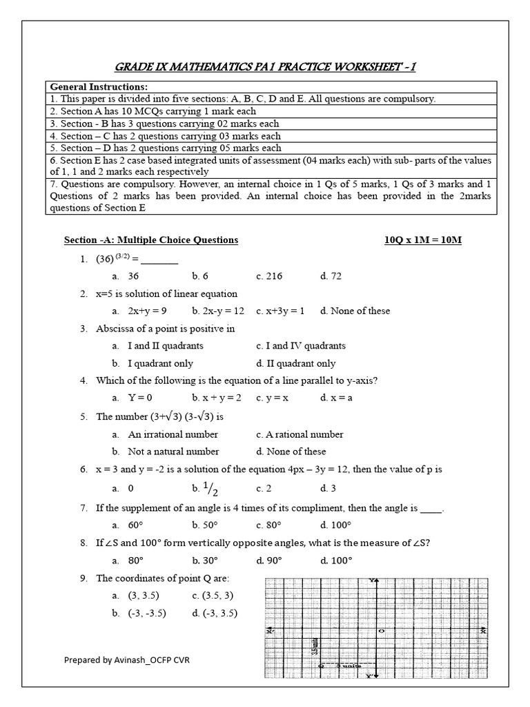 Grade IX Maths PA1 Practice WS - 1 | PDF | Cartesian Coordinate System ...