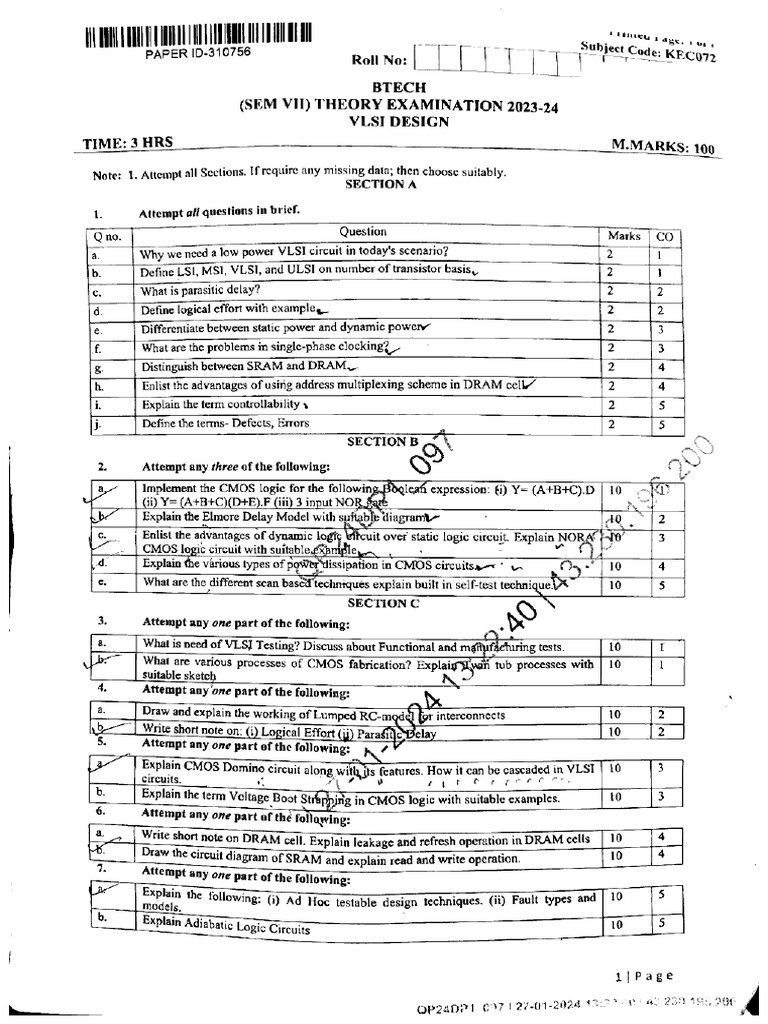 Btech Ec 7 Sem Vlsi Design Kec072 Jan 2024 | PDF