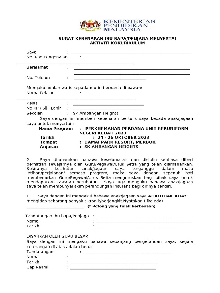 Surat Kebenaran Ibu Bapa | PDF