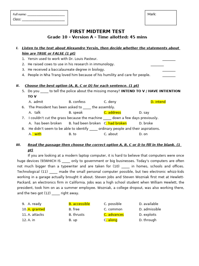 1st Midterm Test A - G10!20!21 - School | PDF | Microorganism | Louis ...