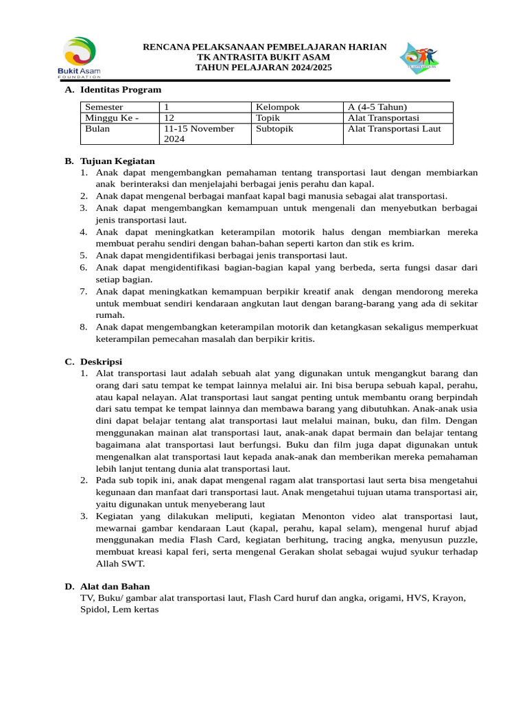 RPPH Tema Transportasi Laut TK Antrasita | PDF