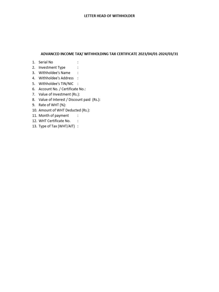 AIT/Withholding Tax Certificate Format | PDF | Finance & Money Management