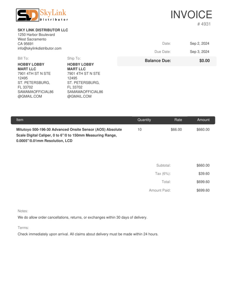 Hobby Lobby Invoice #4931 | PDF