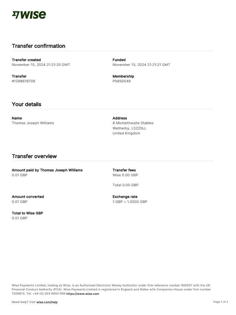 Wise Transaction Invoice Transfer 1298618708 4280125549 En-1 | PDF ...