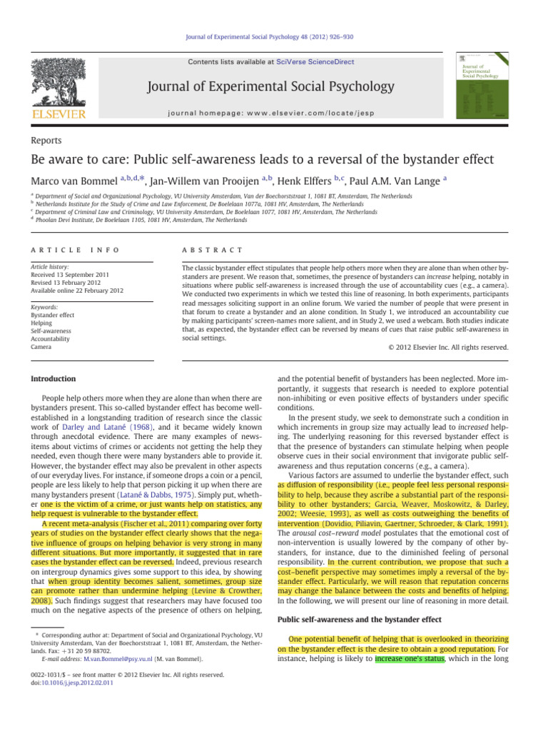 VanBommel Bystander JESP | PDF | Self Awareness | Social Psychology