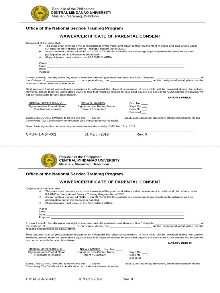 Waiver and Parental Consent Signed | PDF | Government And Personhood ...