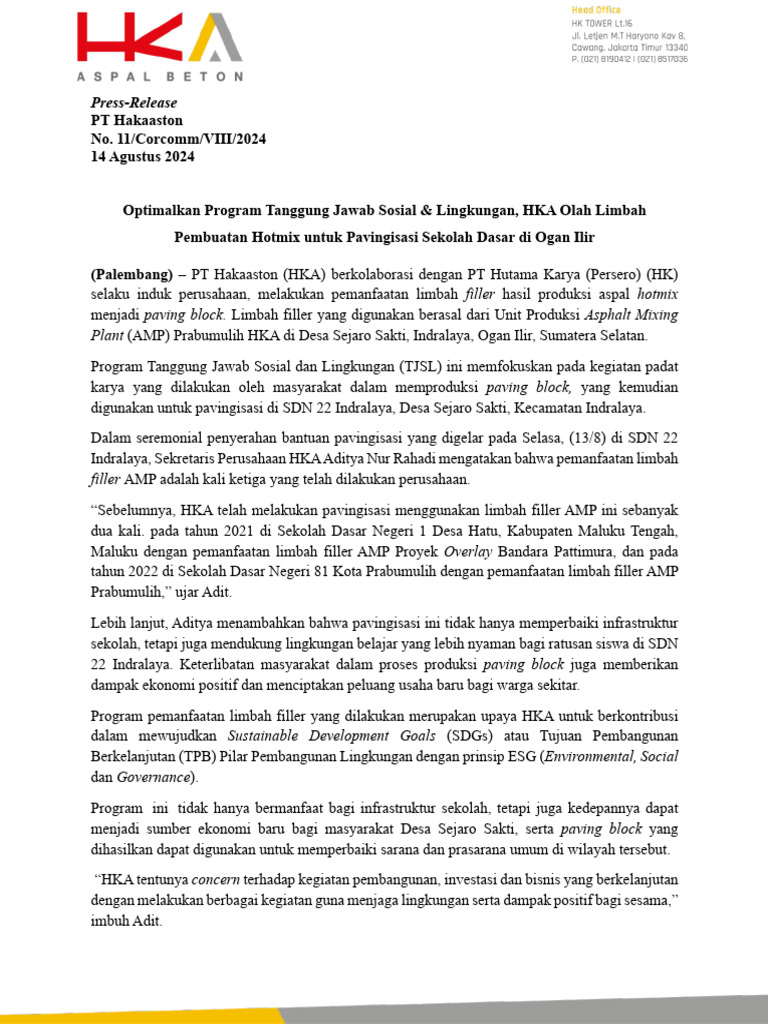PT Hakaaston No. 11/Corcomm/VIII/2024 14 Agustus 2024: Press-Release | PDF