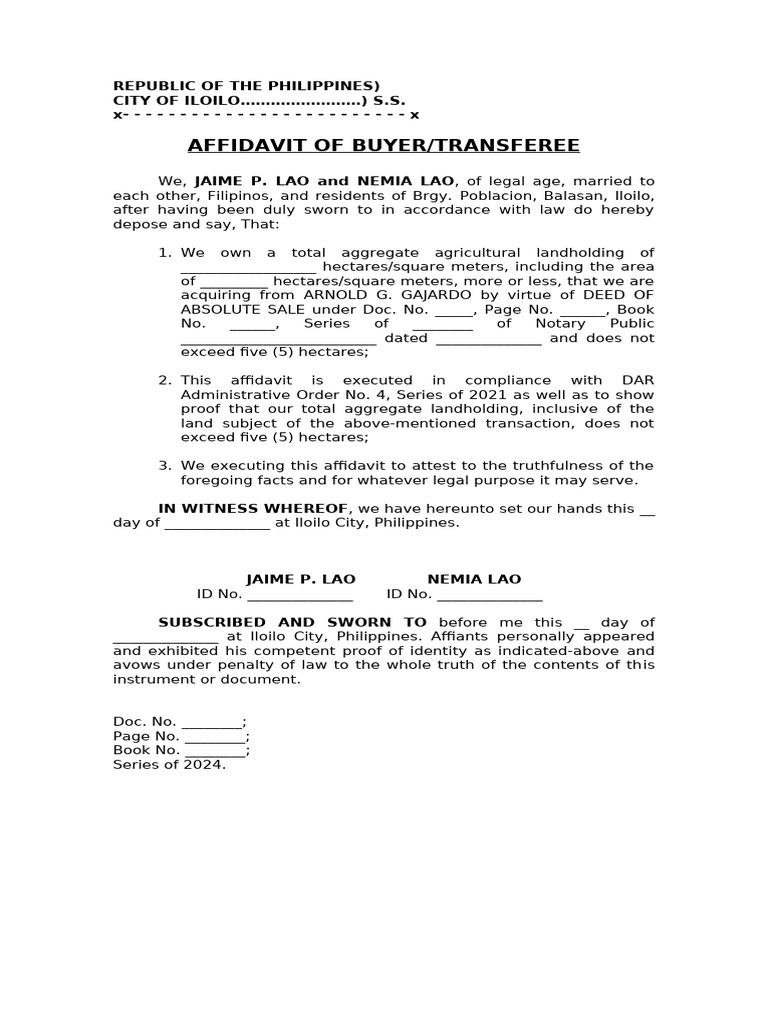 Affidavit of Buyer for Land Transfer | PDF | Law
