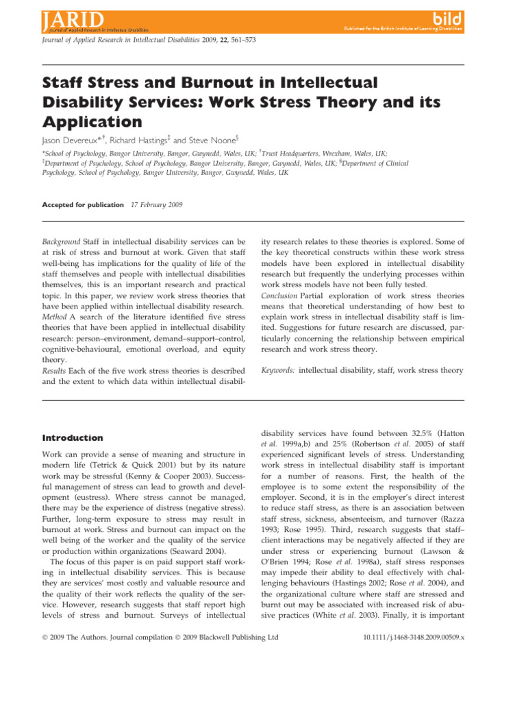 Devereux 2009 Staff Stress and Burnout in Intelle | PDF | Occupational ...