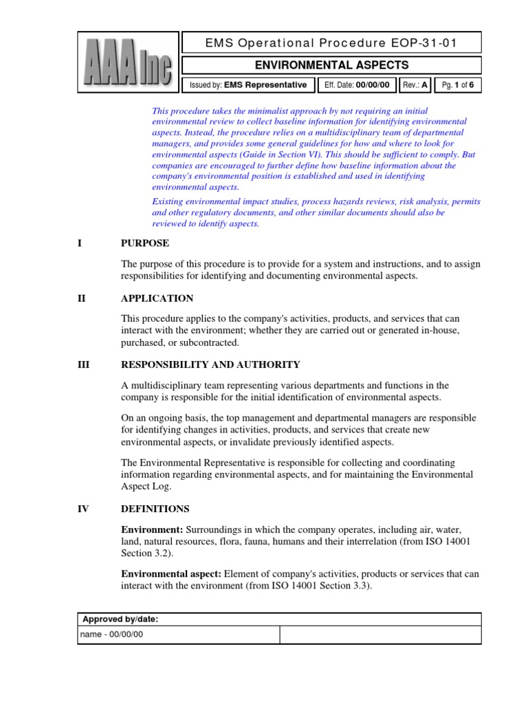 ISO 14001 Environmental Aspects Procedure | PDF | Evaluation ...