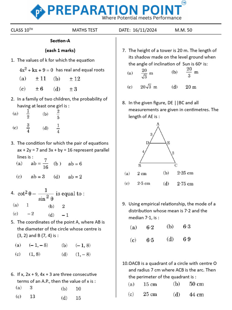 Class 10 Maths Test Paper 2024 | PDF | Circle | Euclidean Plane Geometry