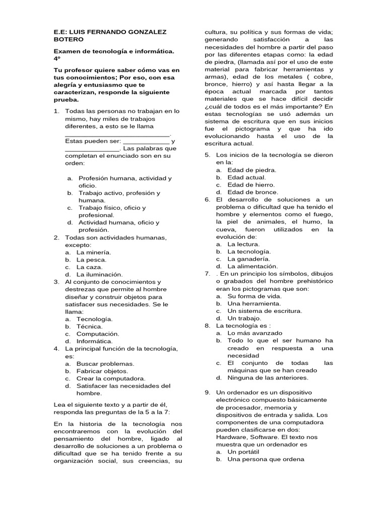 Examen de Tecnología e Informática 4º | PDF | Hardware de la ...