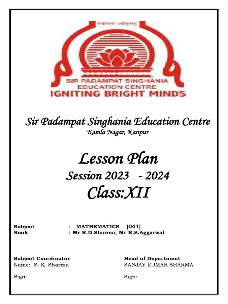 Mathematics Lesson Plan 2023-24 | PDF | Determinant | Function ...