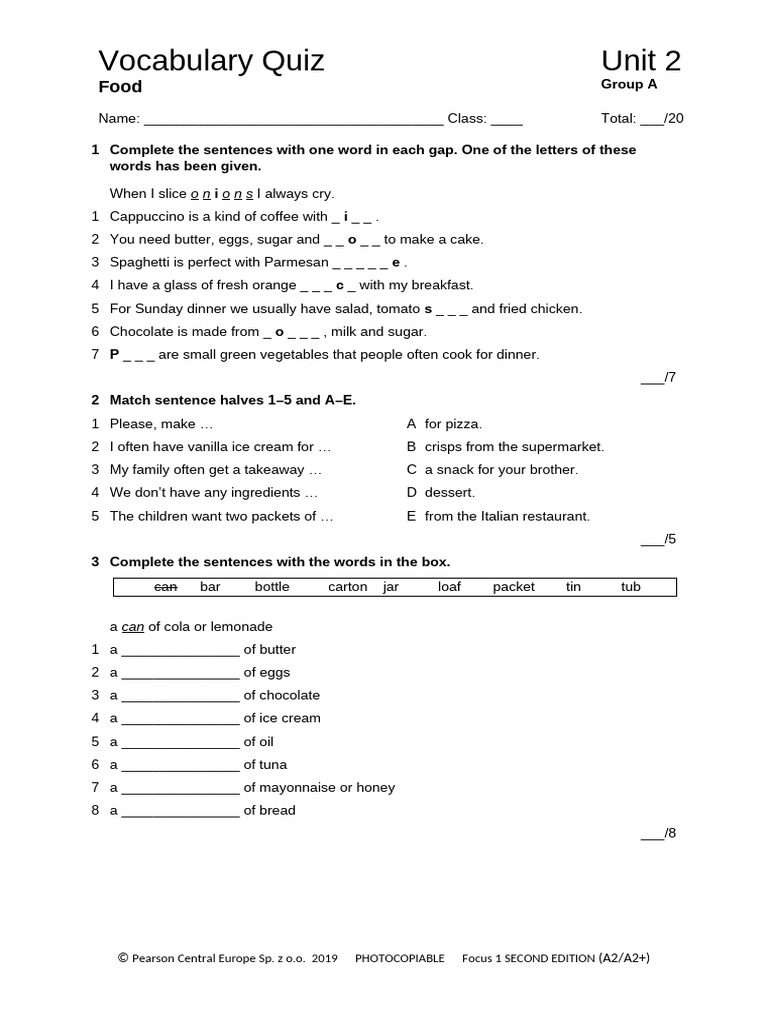 Focus1 2E Vocabulary Quiz Unit2 GroupA | PDF