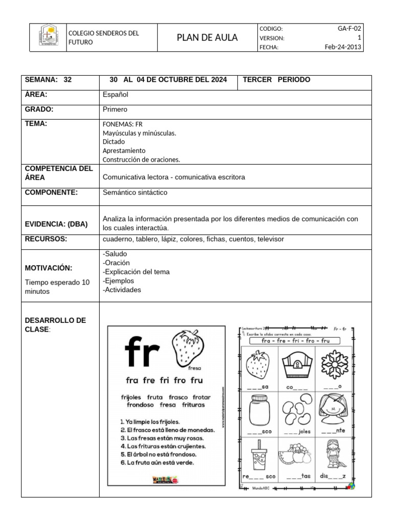 Plan de Aula Grado Primero | PDF | Evaluación | Salón de clases