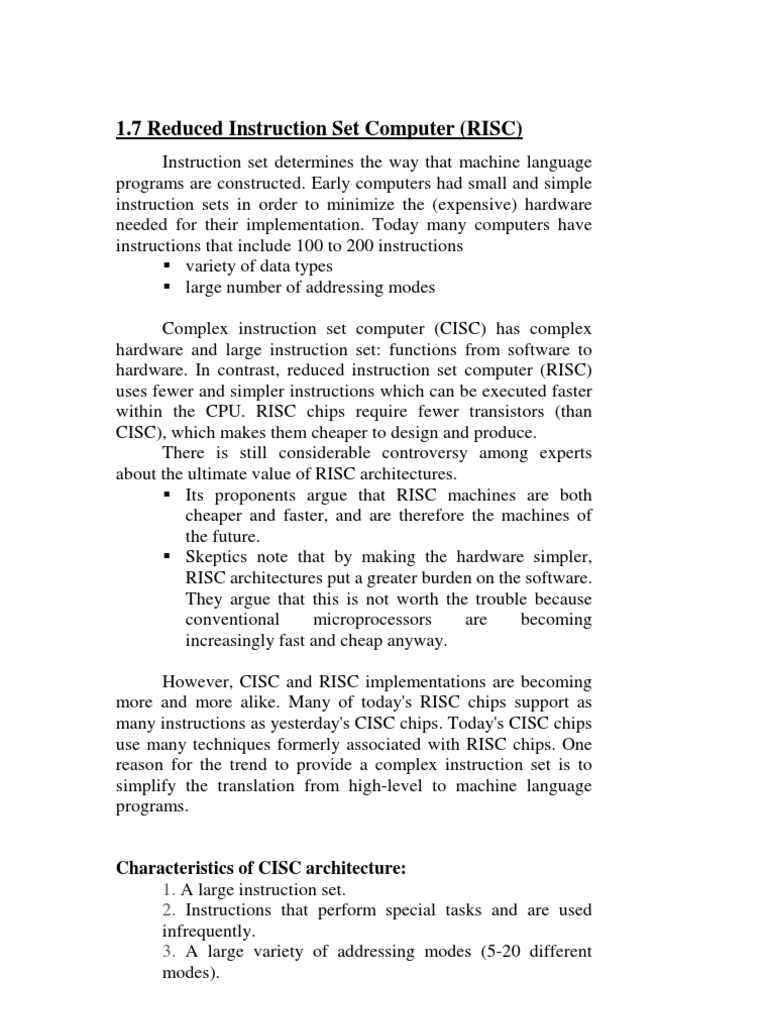1.7 Reduced Instruction Set Computer (RISC) : Characteristics of CISC ...