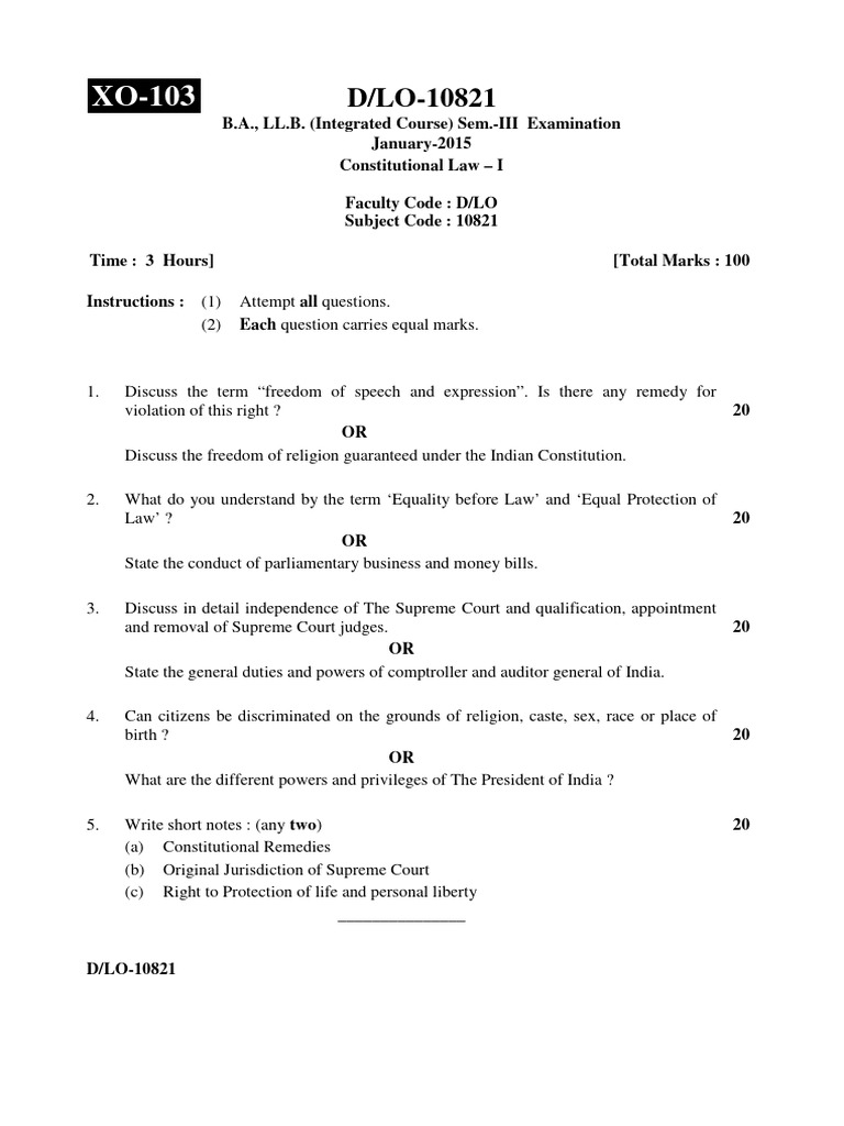 Constitutional Law Exam Questions 2015 | PDF