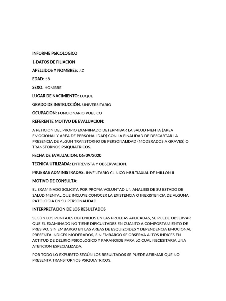 Informe Psicológico de Salud Mental J.C. | PDF | Sicología | Las emociones
