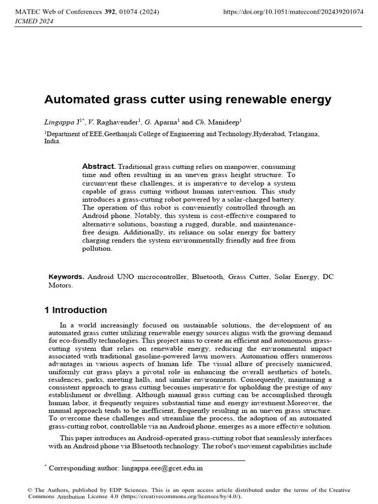 Solar-Powered Automated Grass Cutter | PDF | Arduino | Bluetooth