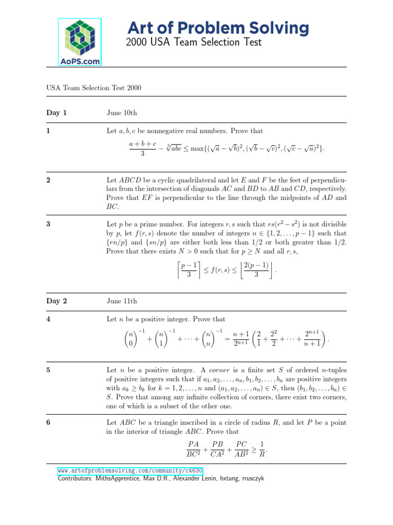 2000 USA Team Selection Test Problems | PDF | Mathematical Concepts ...