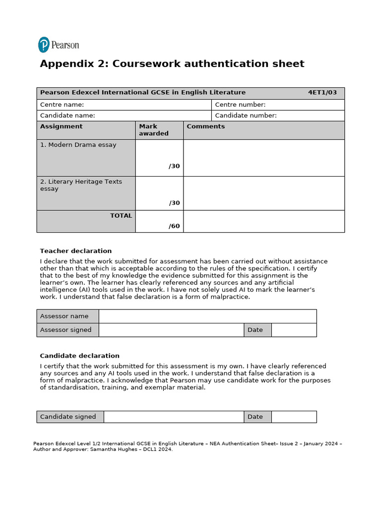 Edexcel English Literature Authentication Sheet | PDF