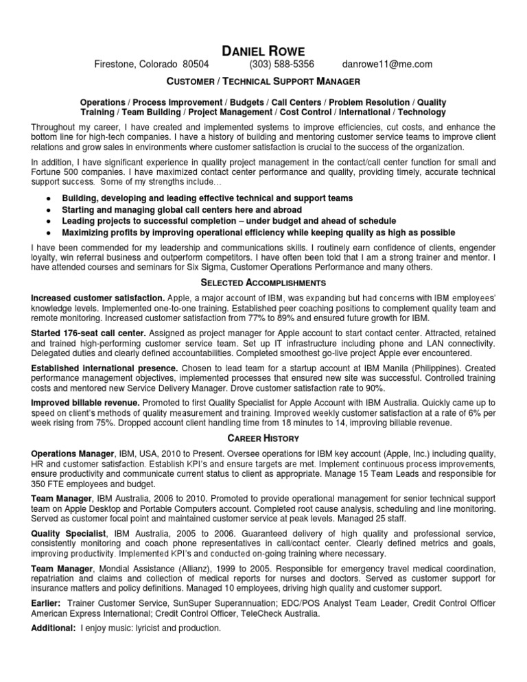 Operations Manager Call Center Manager In Denver CO Resume Daniel Rowe Call Centre 