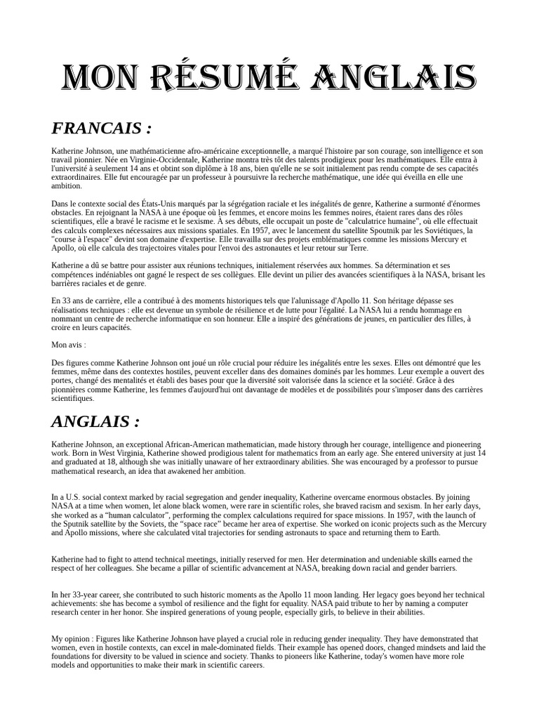 Mon Resume Anglais A Imprimer - 1