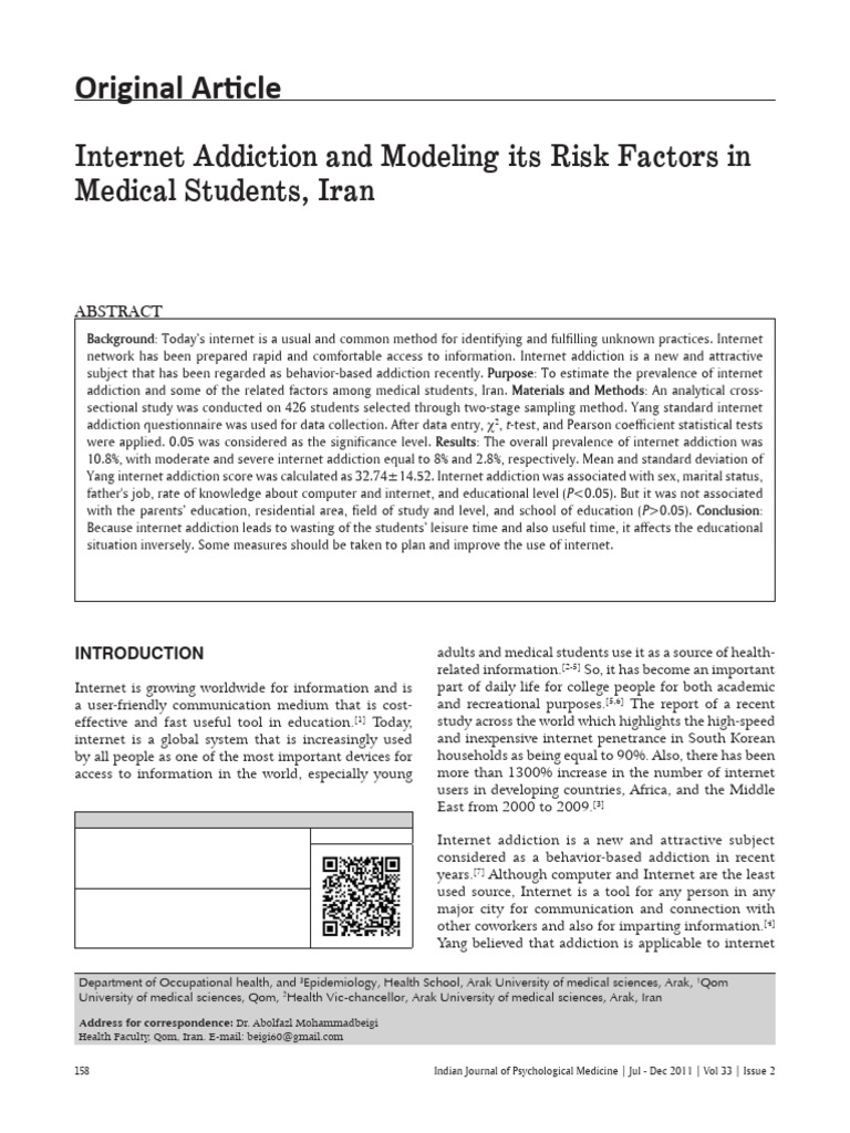 Internet Addiction and Modeling Its Risk Factors in Medical Students ...