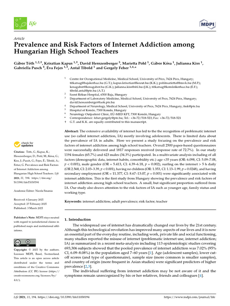 Prevalence and Risk Factors of Internet Addiction Among Hungarian High ...