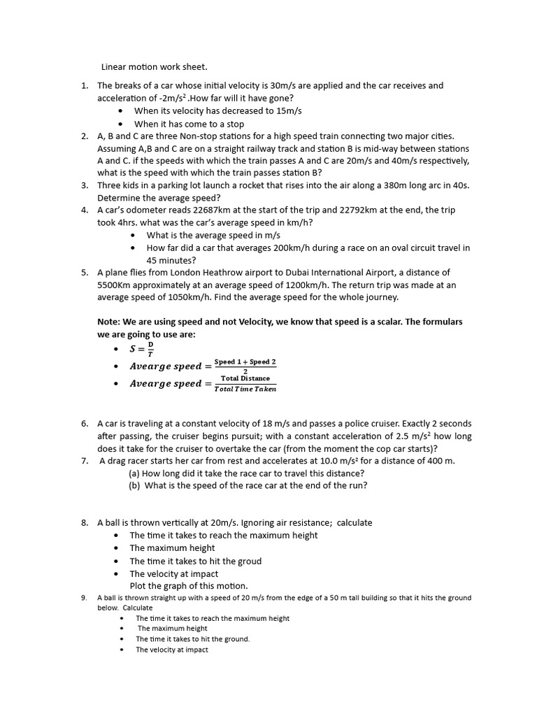 Linear Motion Work Sheet | PDF | Speed | Velocity
