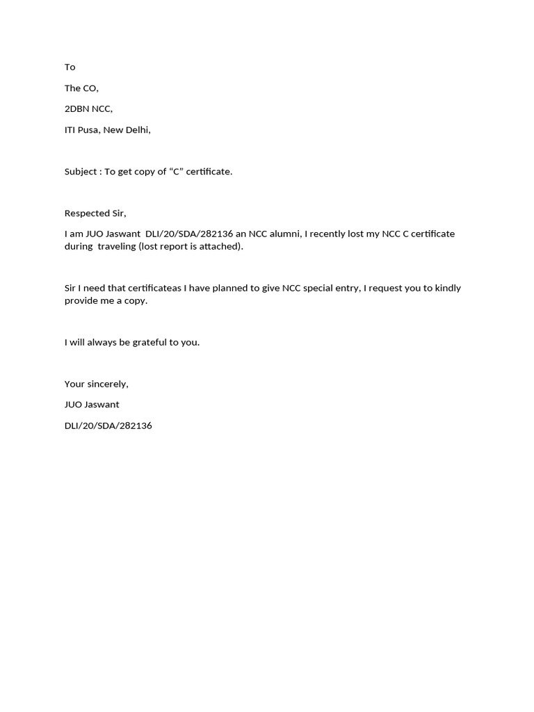 Request for NCC C Certificate Copy | PDF