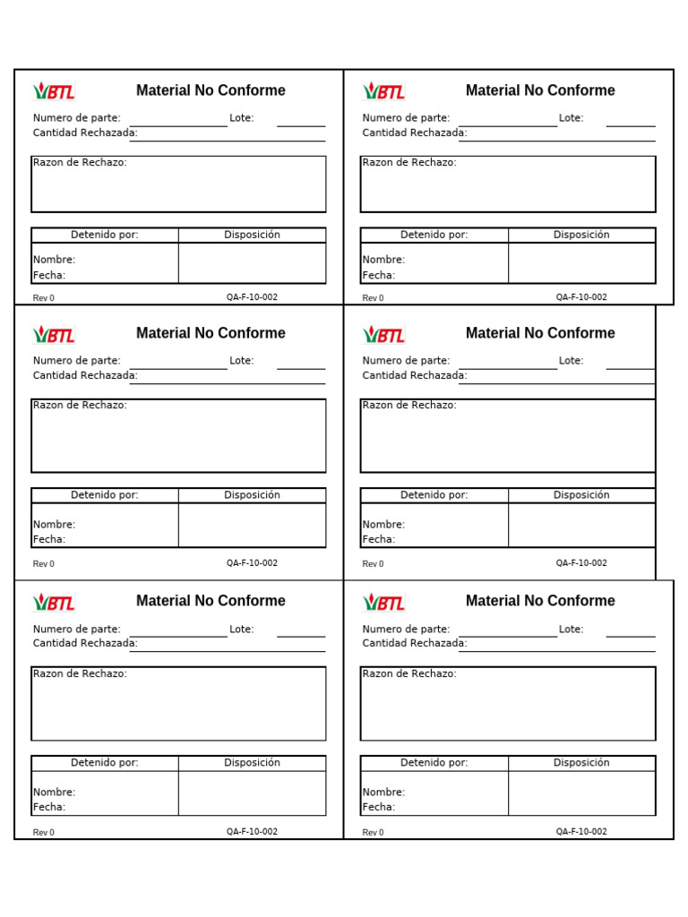 Copia de QA-F-10-002 Etiqueta de Material No Conforme | PDF | Derecho