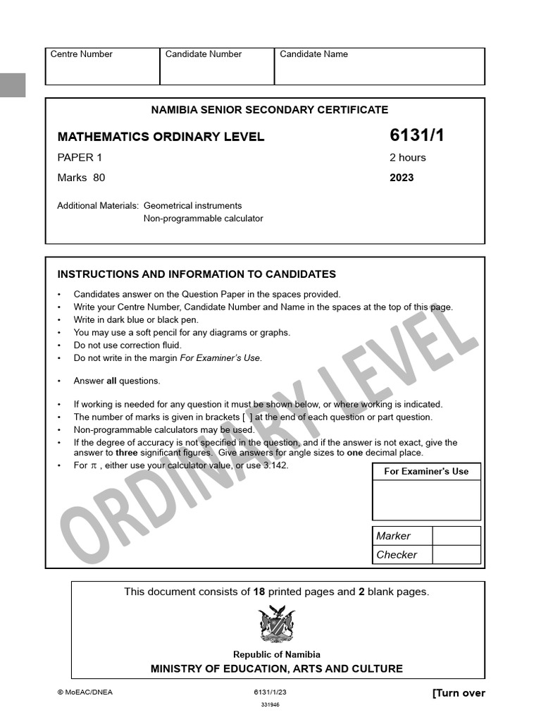 Namibia O Level Math Exam 2023 | PDF | Triangle | Circle