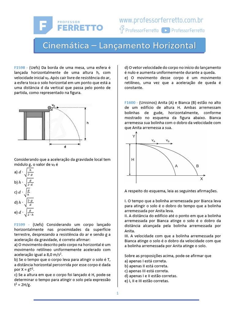 Lançamento Horizontal - Questões | PDF | Trajetória | Velocidade