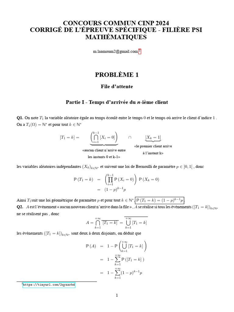 Corrigé Maths PSI Concours 2024 | PDF | Modèles statistiques | Mesure ...