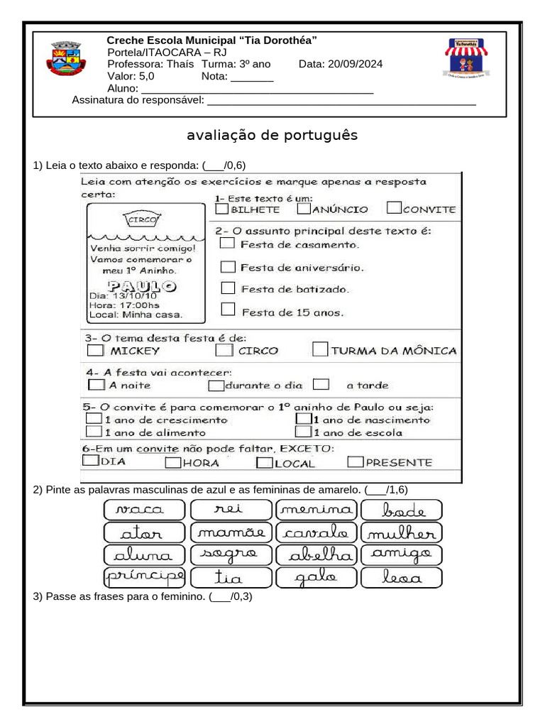 Avaliação de Português para 3º Ano | PDF