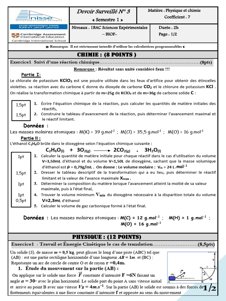 Devoir Surveillé Physique-Chimie 1BAC | PDF | Chimie | Énergie kinétique