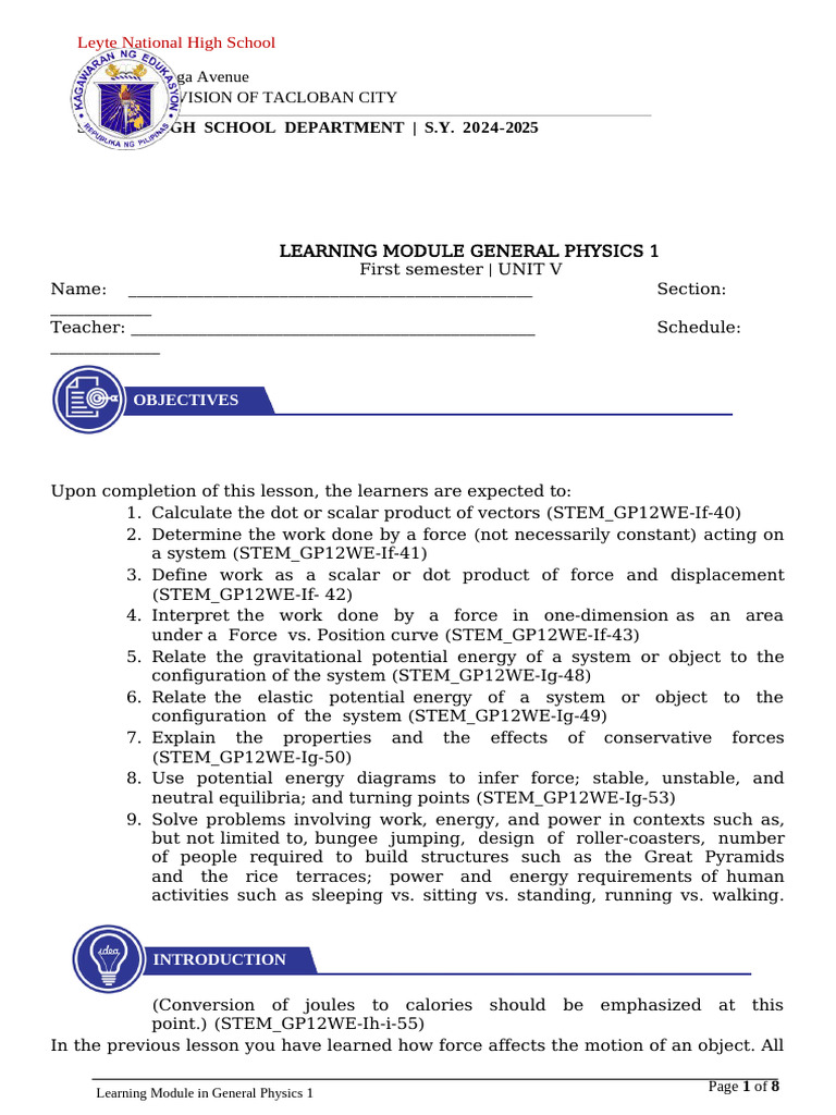 General Physics 1: Work and Energy Module | PDF | Force | Potential Energy