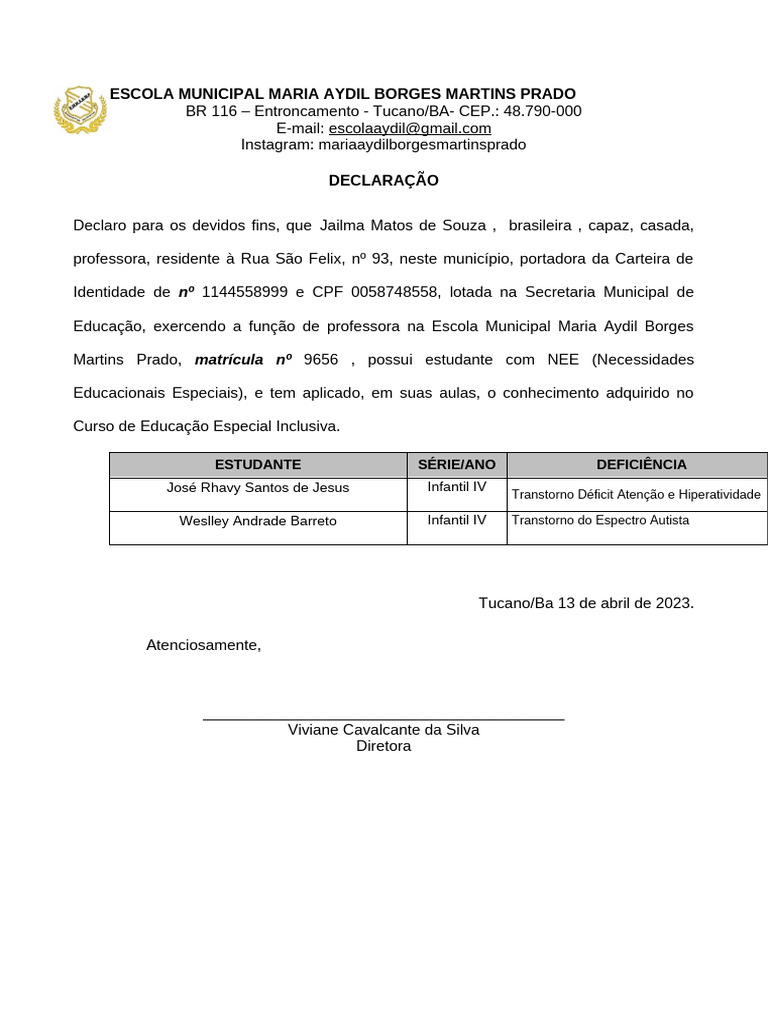 Declaração - Inclusão | PDF