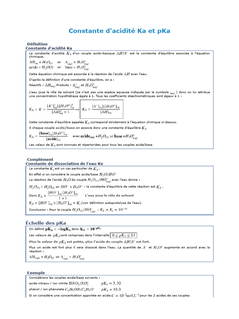 Constante d'acidité Ka et pKa | PDF | Acide | Équilibre chimique