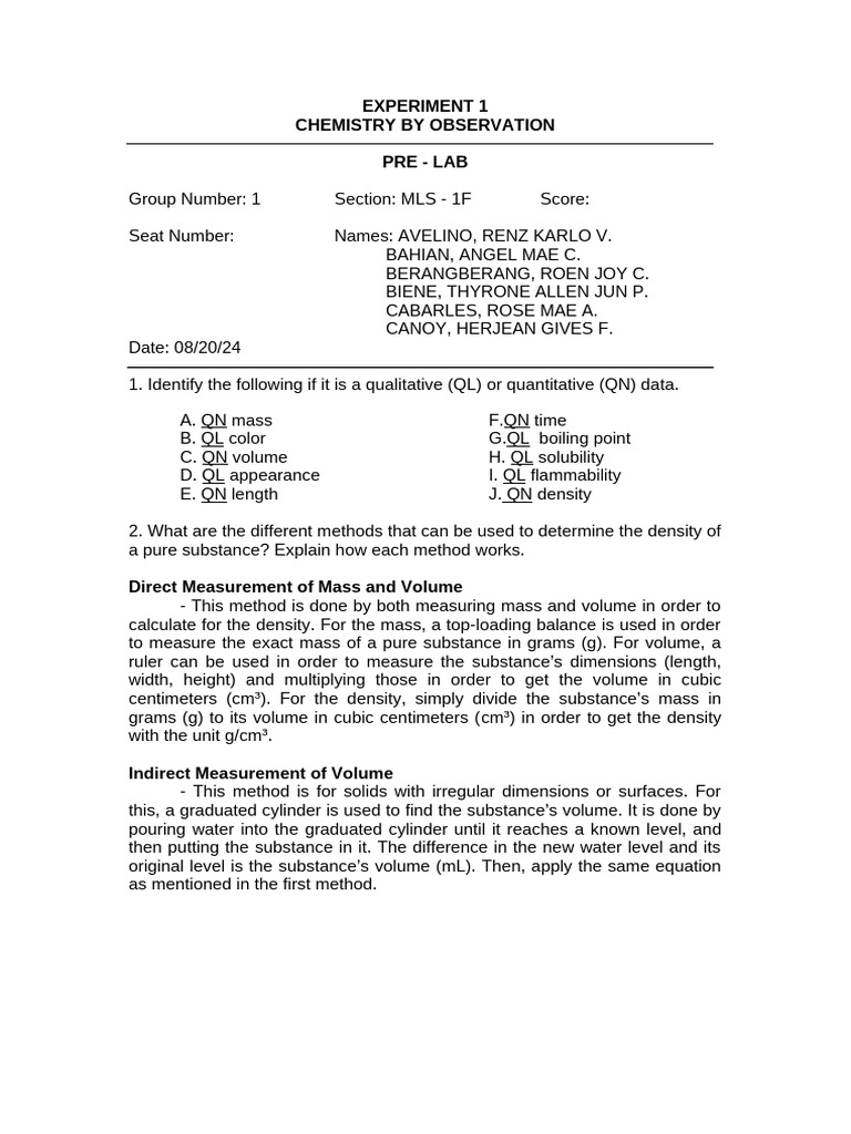Experiment 1 Group 1 Pdf Solubility Density