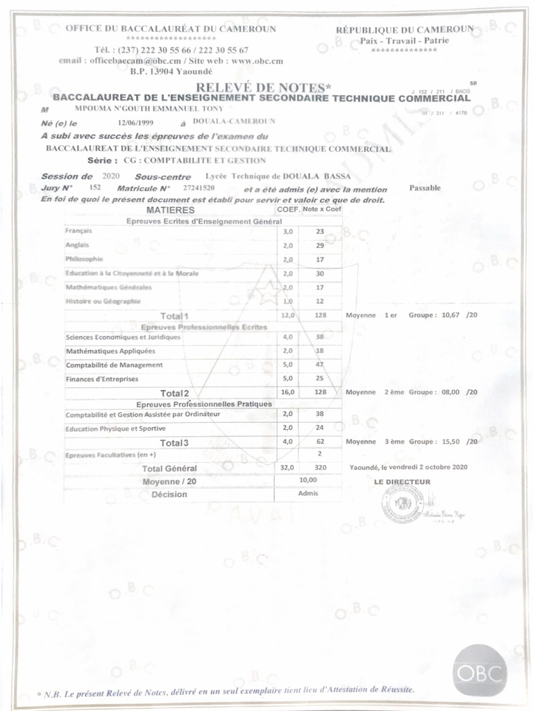 Relevé de Notes - Baccalauréat | PDF