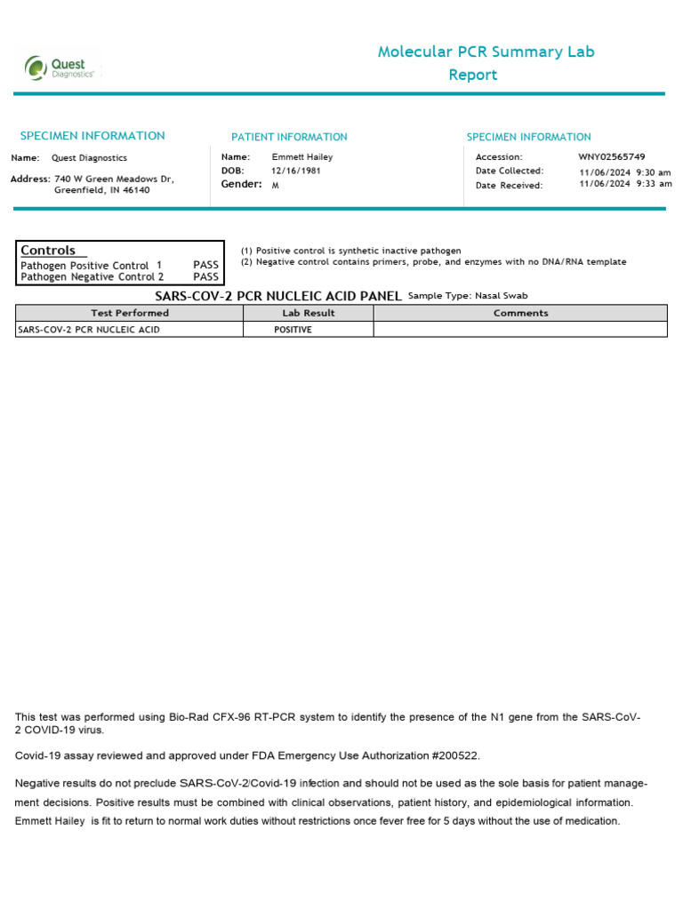 Quest Diagnostics Test Results | PDF