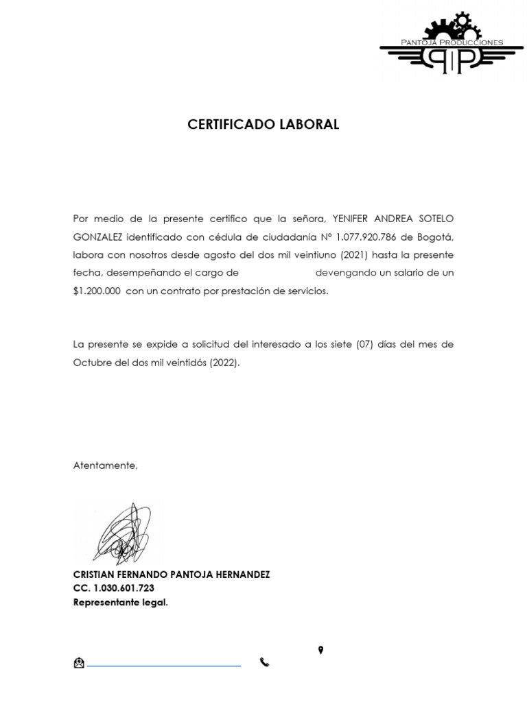 CERTIFICADO LABORAL - Yenifer | PDF