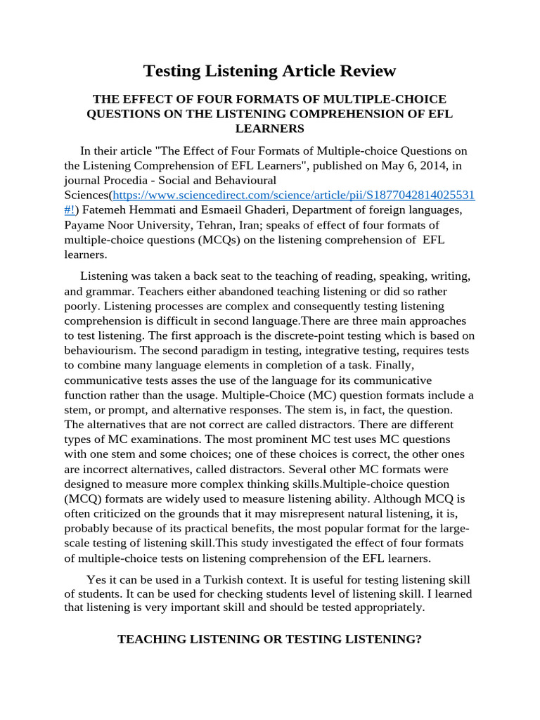 Testing Listening | PDF | Multiple Choice | English As A Second Or ...