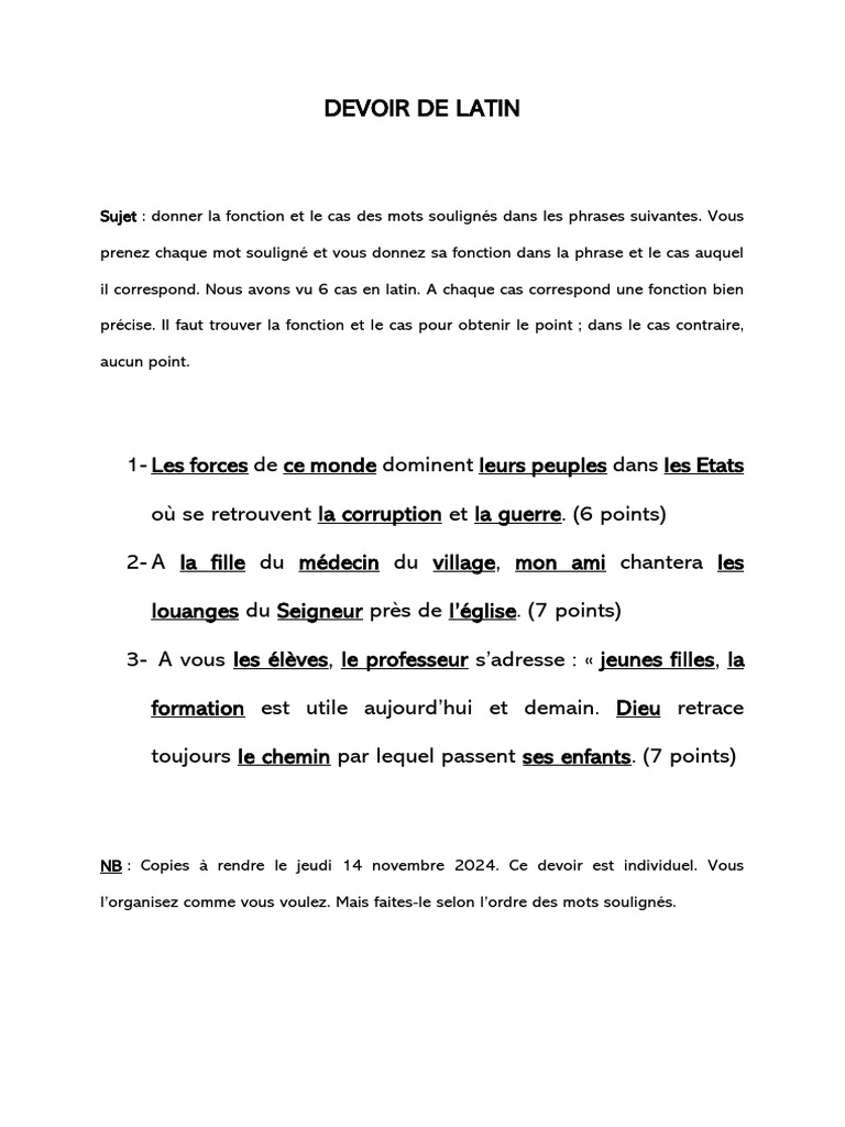 Devoir de Latin : Cas et Fonctions | PDF