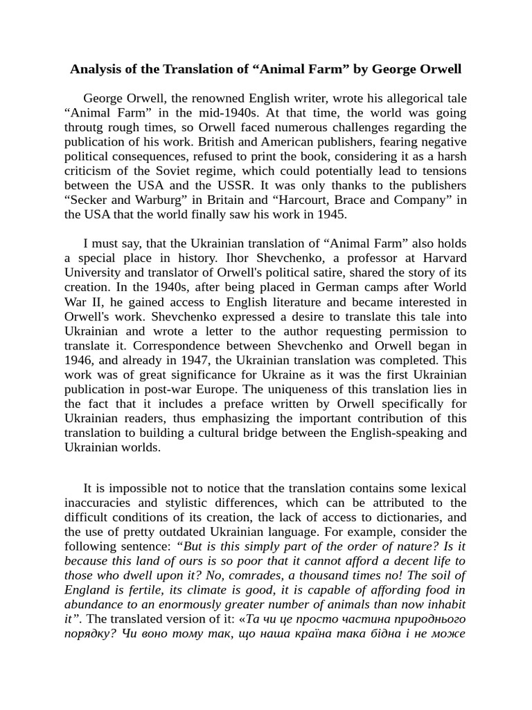 Translation Analysis of Orwell's Animal Farm | PDF | Linguistics