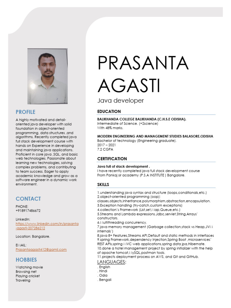 Java Fress Resume Prasanta-2 | PDF | Java (Programming Language ...